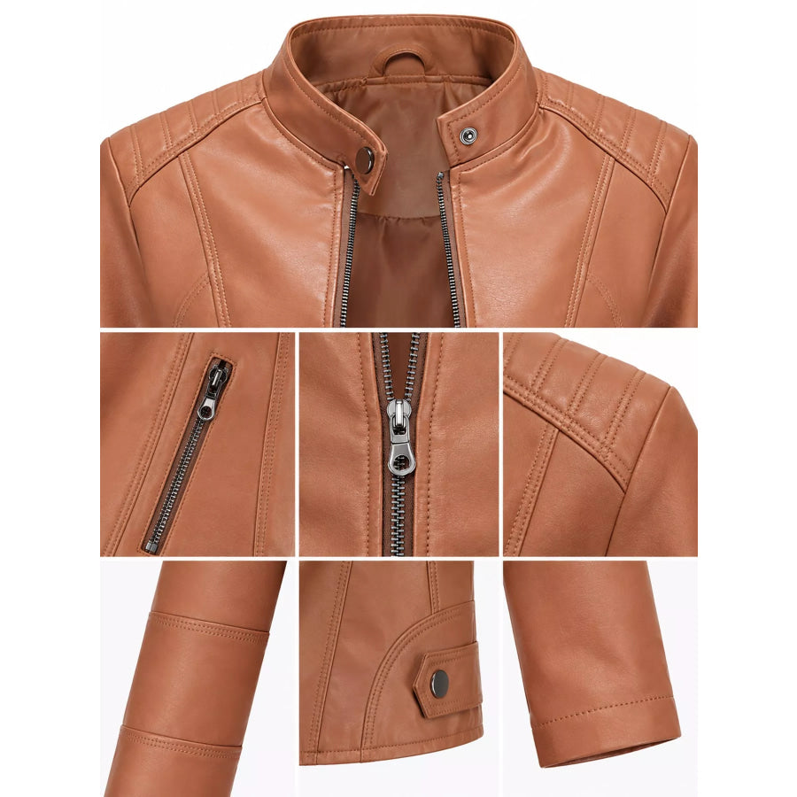 Full Size Slim Fit Faux Leather Moto Jacket Plus Apparel and Accessories