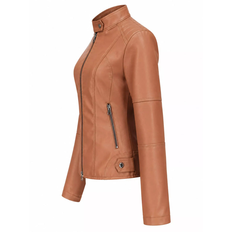 Full Size Slim Fit Faux Leather Moto Jacket Plus Apparel and Accessories