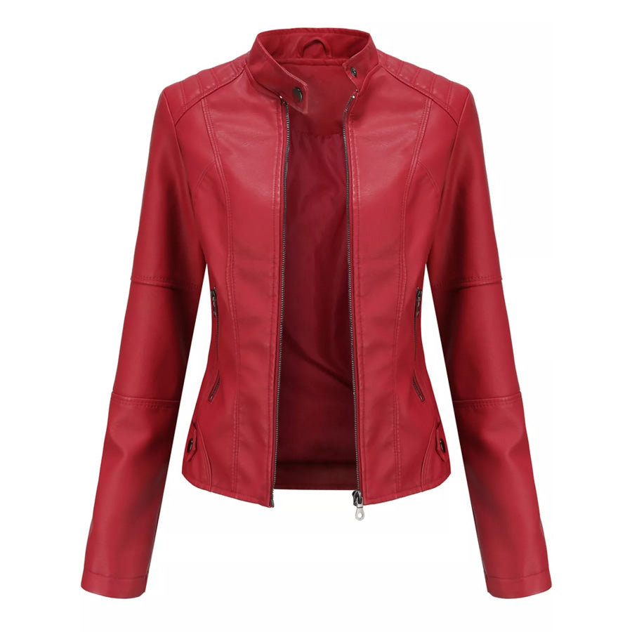 Full Size Slim Fit Faux Leather Moto Jacket Plus Apparel and Accessories
