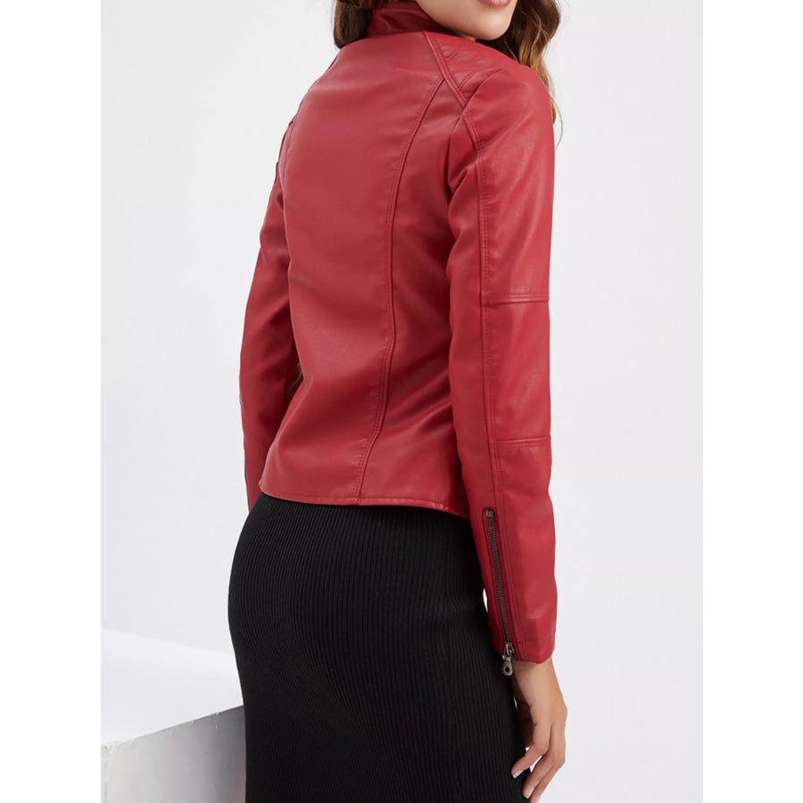 Full Size Slim Fit Faux Leather Moto Jacket Plus Apparel and Accessories