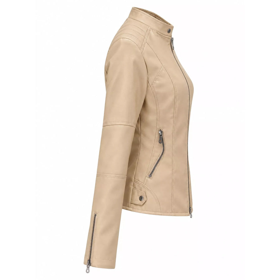Full Size Slim Fit Faux Leather Moto Jacket Plus Apparel and Accessories