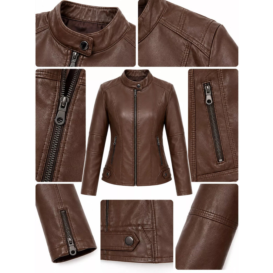 Full Size Slim Fit Faux Leather Moto Jacket Plus Apparel and Accessories