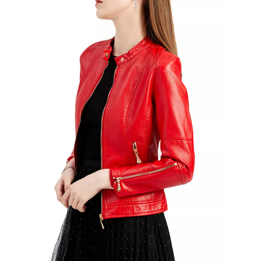 Full Size Slim Fit Faux Leather Moto Jacket Plus Apparel and Accessories