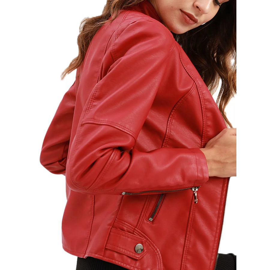 Full Size Slim Fit Faux Leather Moto Jacket Plus Apparel and Accessories