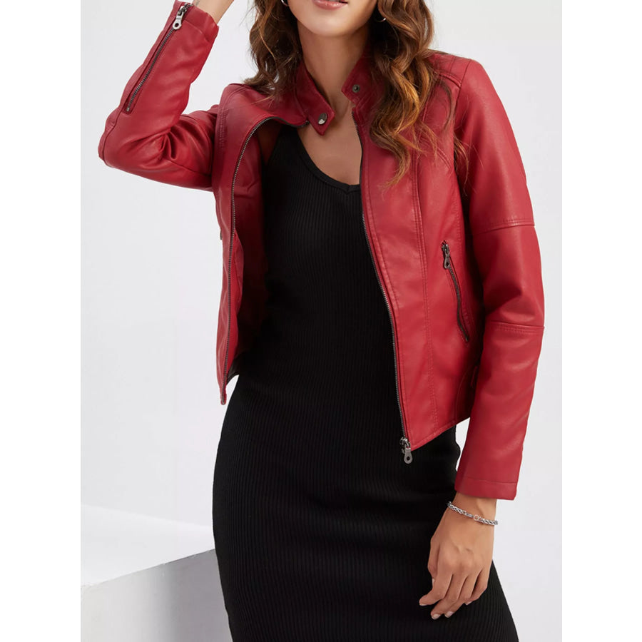 Full Size Slim Fit Faux Leather Moto Jacket Plus Apparel and Accessories