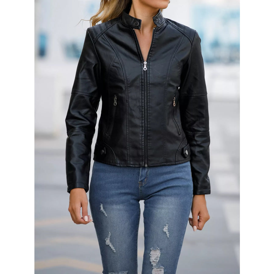Full Size Slim Fit Faux Leather Moto Jacket Plus Apparel and Accessories