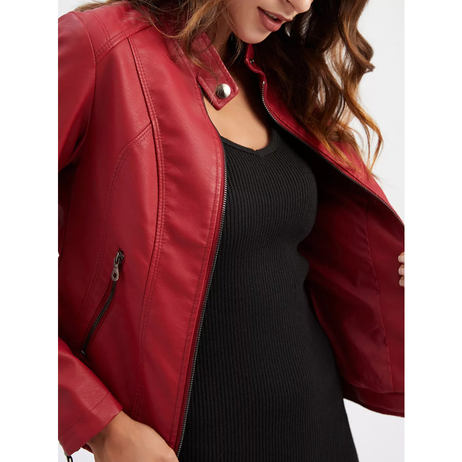 Full Size Slim Fit Faux Leather Moto Jacket Plus Apparel and Accessories