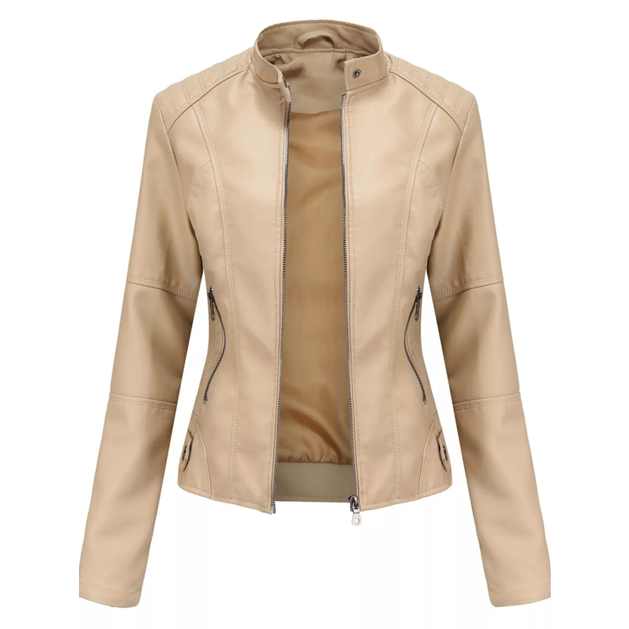 Full Size Slim Fit Faux Leather Moto Jacket Plus Apricot / XS Apparel and Accessories