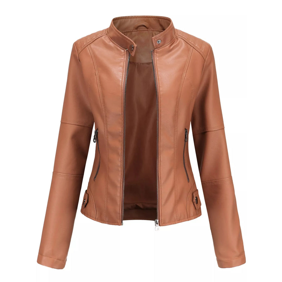 Full Size Slim Fit Faux Leather Moto Jacket Plus Camel / XS Apparel and Accessories