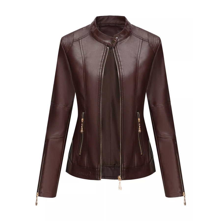 Full Size Slim Fit Faux Leather Moto Jacket Plus Coffee-Lightweight / S Apparel and Accessories