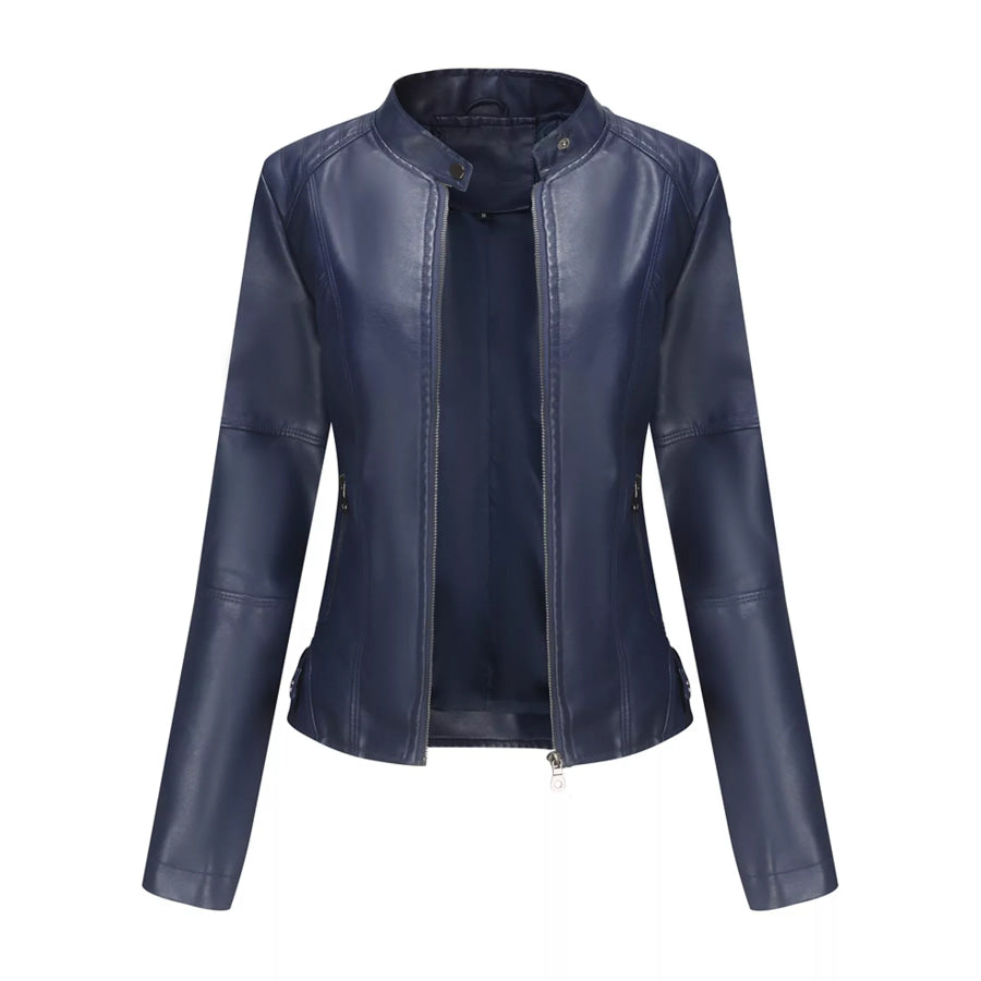 Full Size Slim Fit Faux Leather Moto Jacket Plus Dark Blue / XS Apparel and Accessories