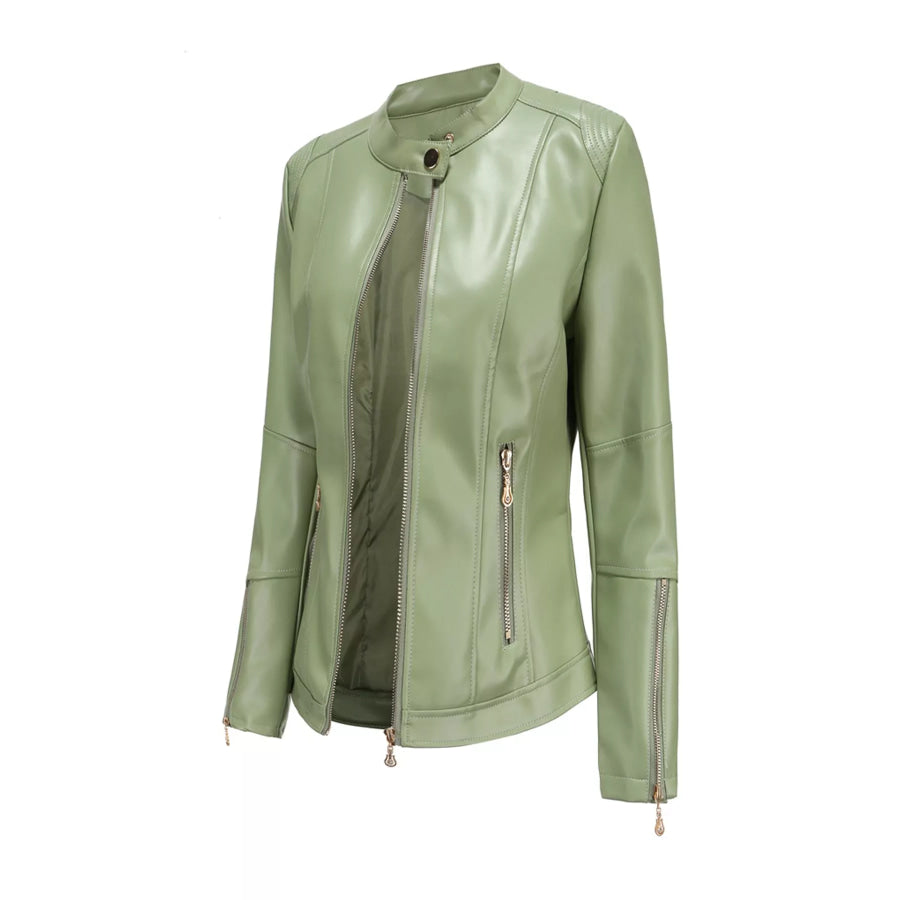 Full Size Slim Fit Faux Leather Moto Jacket Plus Mustard Green-Lightweight / S Apparel and Accessories