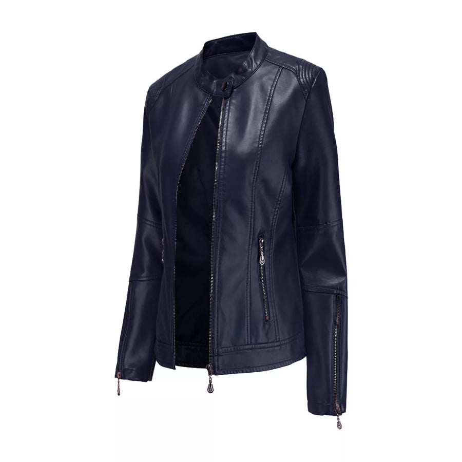 Full Size Slim Fit Faux Leather Moto Jacket Plus Navy-Lightweight / S Apparel and Accessories