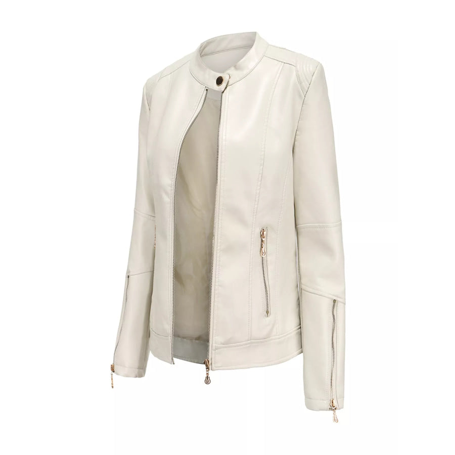 Full Size Slim Fit Faux Leather Moto Jacket Plus Off-White-Lightweight / S Apparel and Accessories