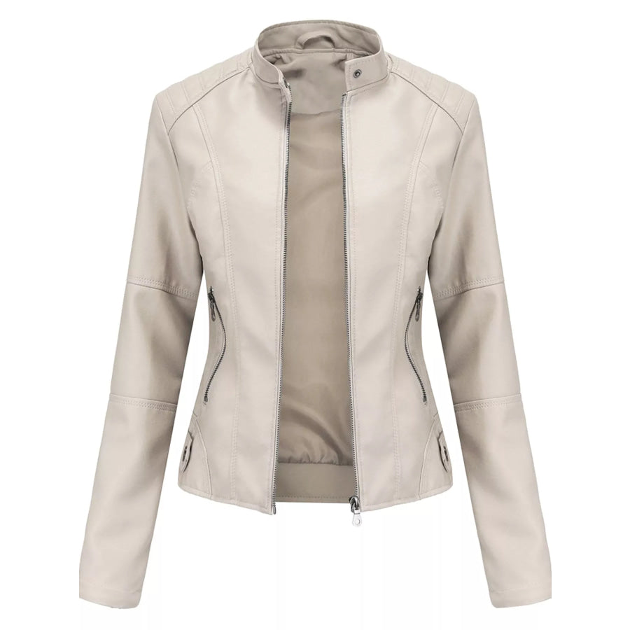 Full Size Slim Fit Faux Leather Moto Jacket Plus Off-White / XS Apparel and Accessories