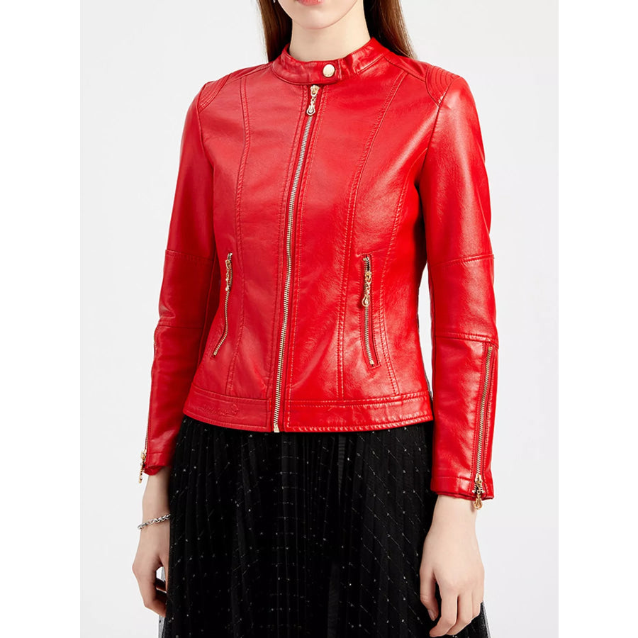 Full Size Slim Fit Faux Leather Moto Jacket Plus Red-Lightweight / S Apparel and Accessories