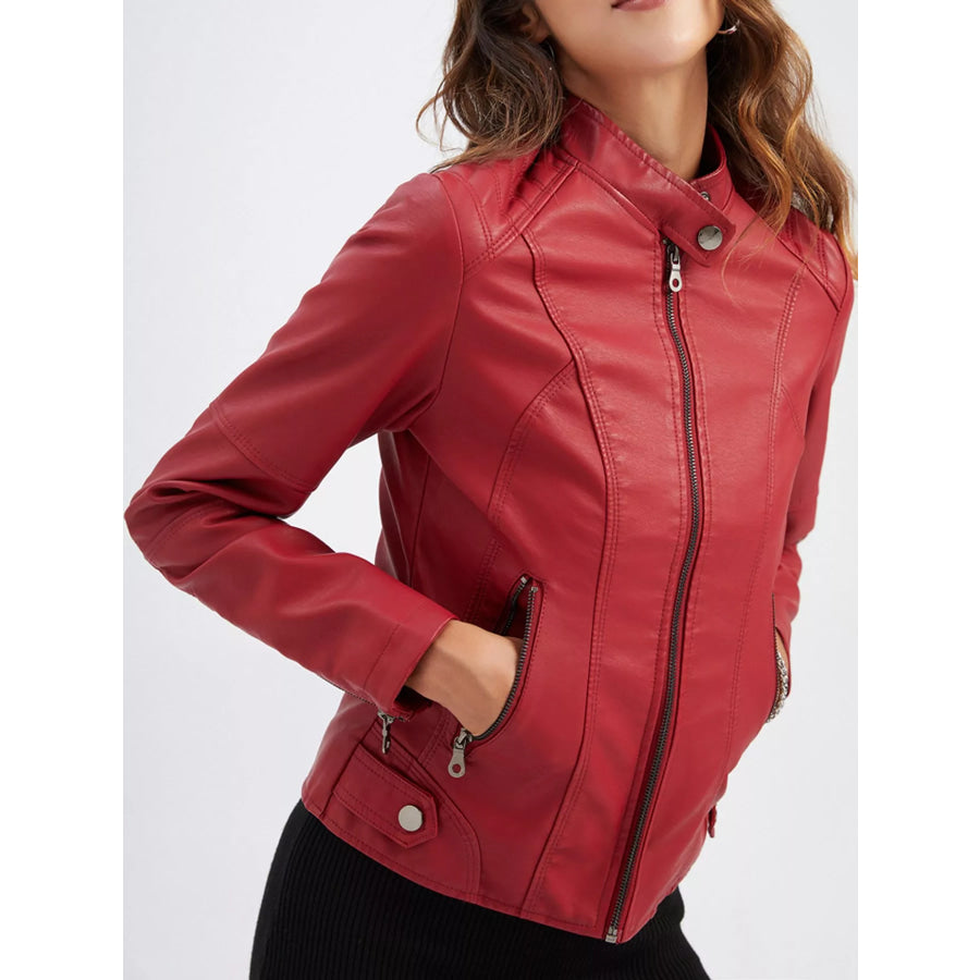 Full Size Slim Fit Faux Leather Moto Jacket Plus Red / XS Apparel and Accessories