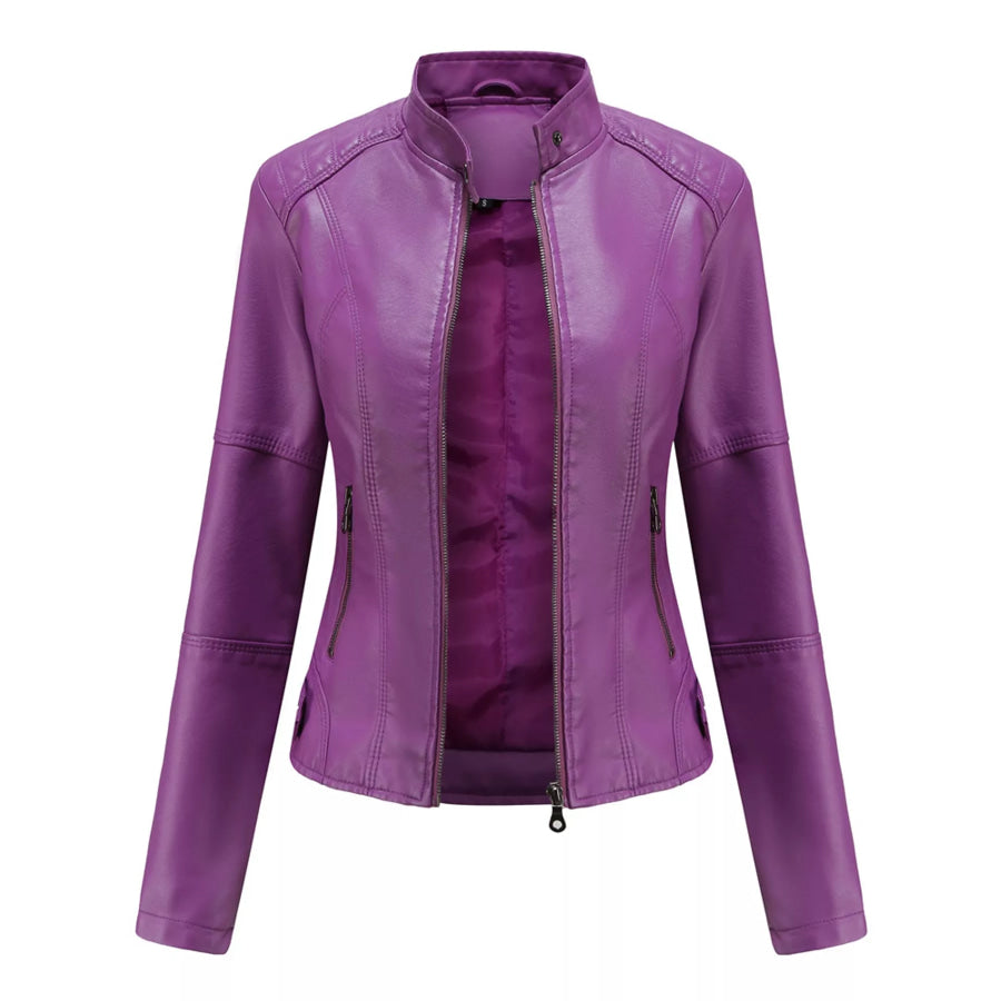 Full Size Slim Fit Faux Leather Moto Jacket Plus Violet / XS Apparel and Accessories