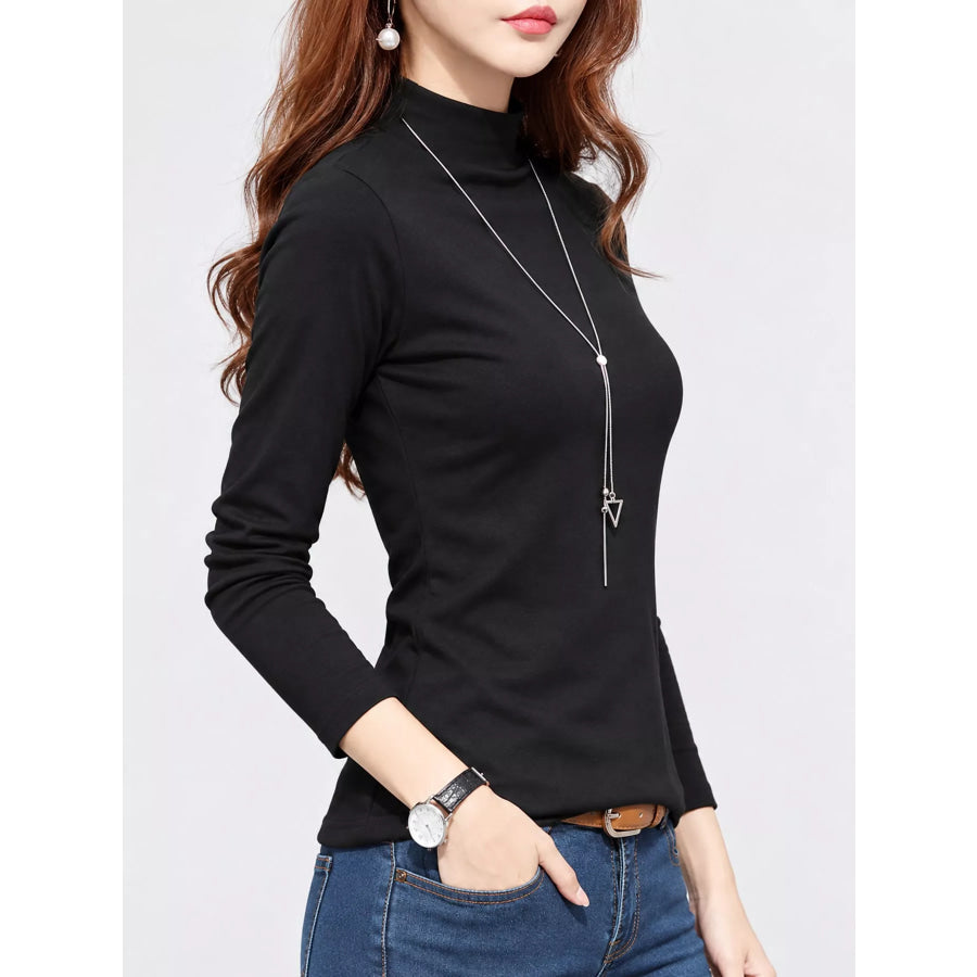 Full Size Slim-Fit Mock Neck Long Sleeve Basic T-Shirt Plus Apparel and Accessories