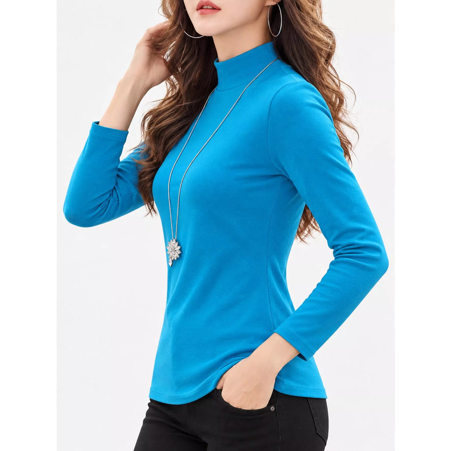 Full Size Slim-Fit Mock Neck Long Sleeve Basic T-Shirt Plus Apparel and Accessories