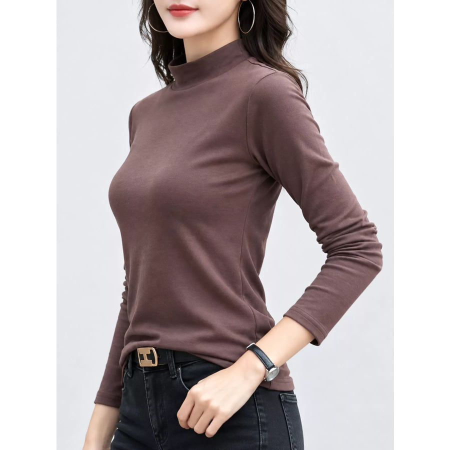 Full Size Slim-Fit Mock Neck Long Sleeve Basic T-Shirt Plus Apparel and Accessories