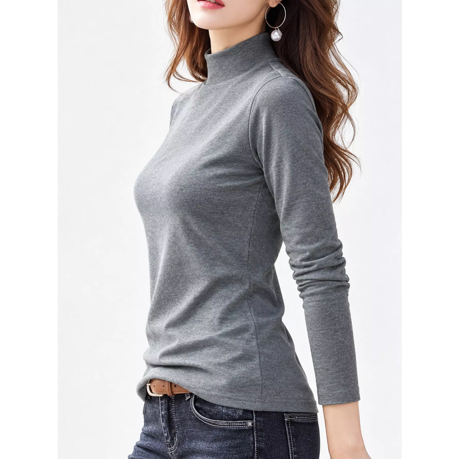 Full Size Slim-Fit Mock Neck Long Sleeve Basic T-Shirt Plus Apparel and Accessories