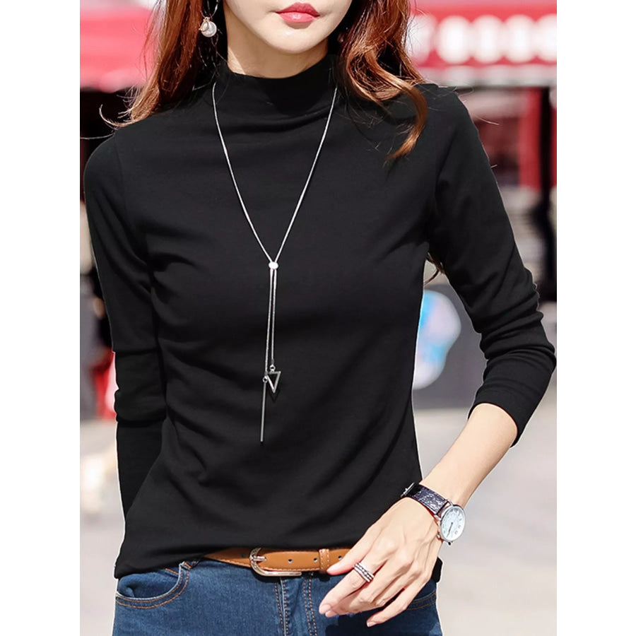 Full Size Slim-Fit Mock Neck Long Sleeve Basic T-Shirt Plus Black / S Apparel and Accessories