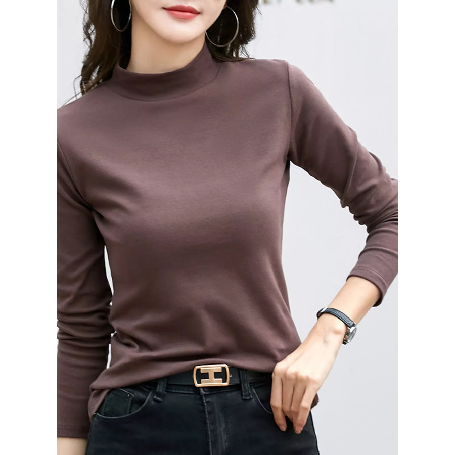 Full Size Slim-Fit Mock Neck Long Sleeve Basic T-Shirt Plus Coffee / S Apparel and Accessories