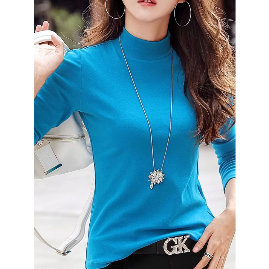 Full Size Slim-Fit Mock Neck Long Sleeve Basic T-Shirt Plus Peacock Blue / S Apparel and Accessories
