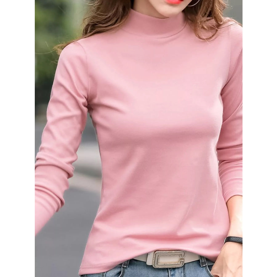Full Size Slim-Fit Mock Neck Long Sleeve Basic T-Shirt Plus Pink / S Apparel and Accessories