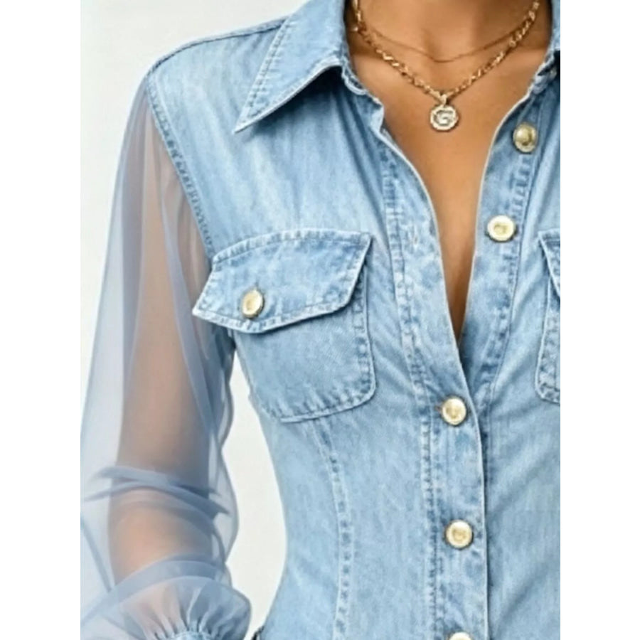 Full Size Slim-Fit Sheer Mesh Long Sleeves Shirt Plus Apparel and Accessories