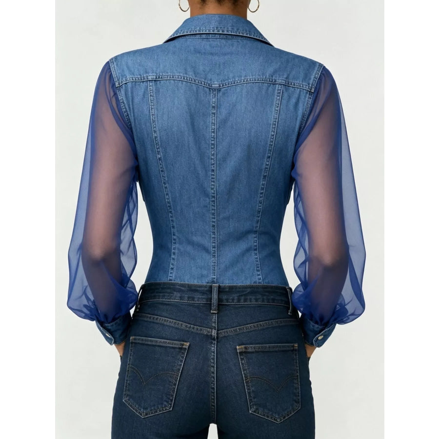 Full Size Slim-Fit Sheer Mesh Long Sleeves Shirt Plus Apparel and Accessories