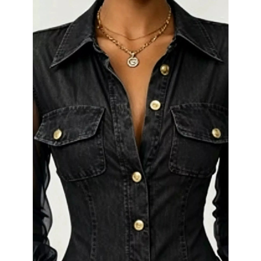 Full Size Slim-Fit Sheer Mesh Long Sleeves Shirt Plus Apparel and Accessories