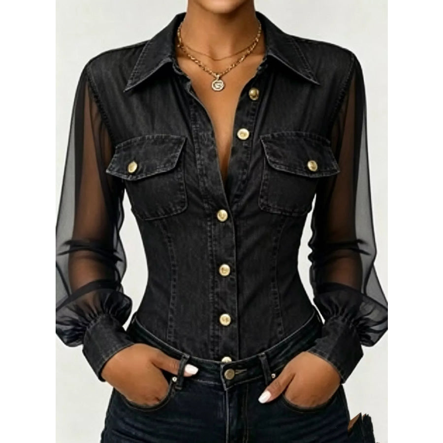 Full Size Slim-Fit Sheer Mesh Long Sleeves Shirt Plus Black / S Apparel and Accessories