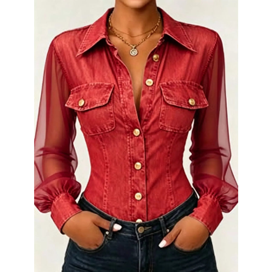 Full Size Slim-Fit Sheer Mesh Long Sleeves Shirt Plus Red / S Apparel and Accessories