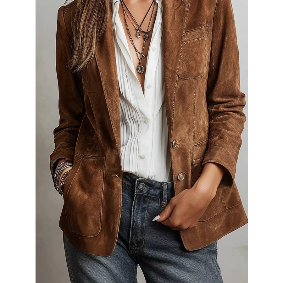 Full Size Slim Fit Suede Long Sleeve Blazer Plus Size Apparel and Accessories