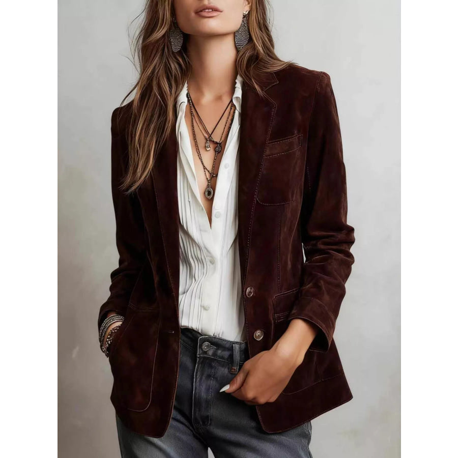Full Size Slim Fit Suede Long Sleeve Blazer Plus Size Rust / XS Apparel and Accessories