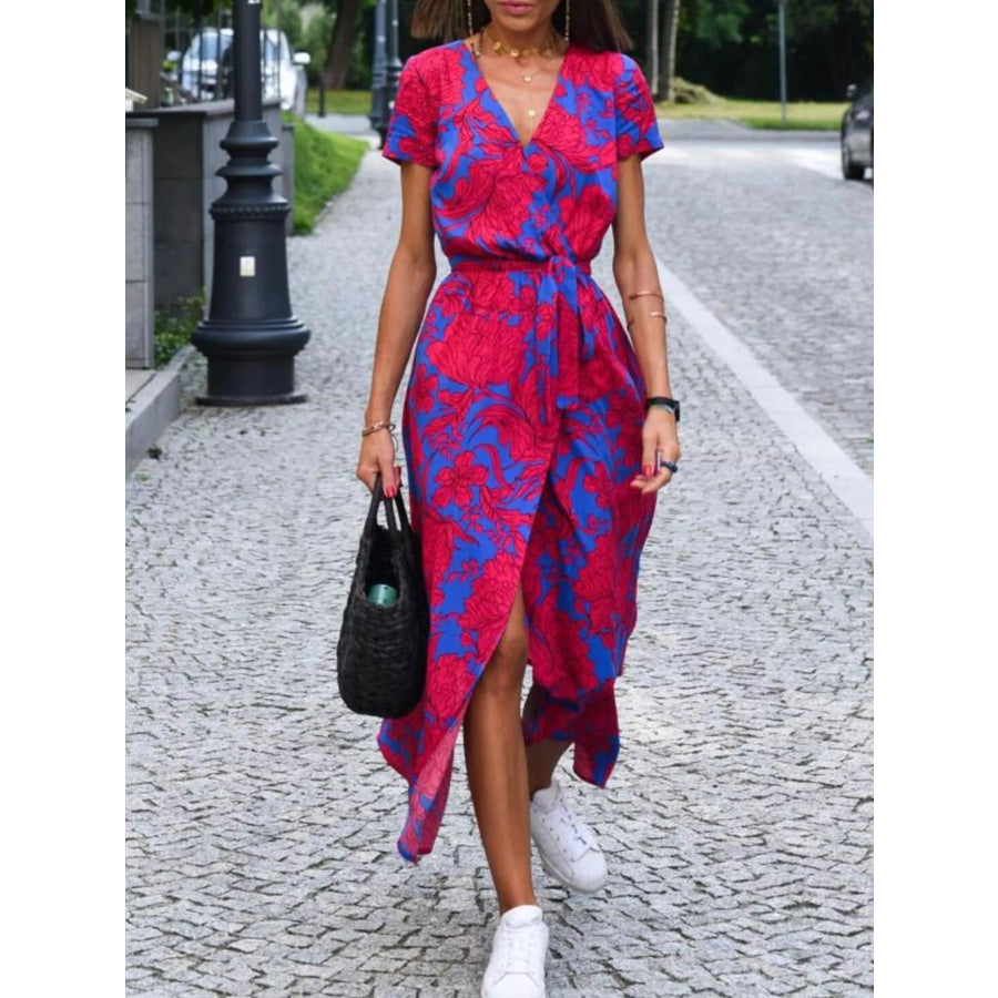 Full Size Slit Floral Print Short Sleeve Dress Plus Apparel and Accessories