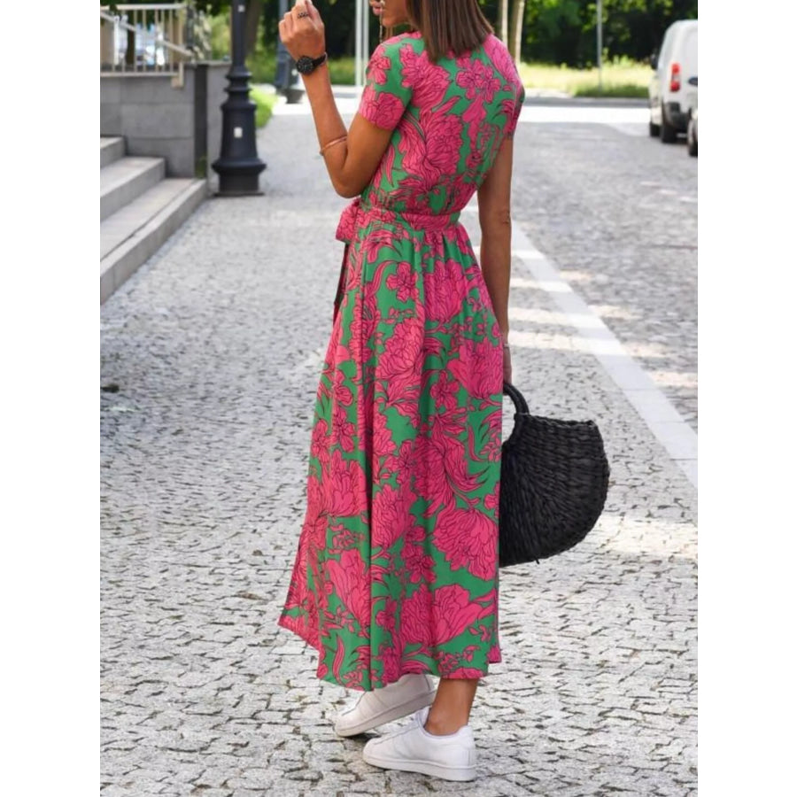 Full Size Slit Floral Print Short Sleeve Dress Plus Apparel and Accessories