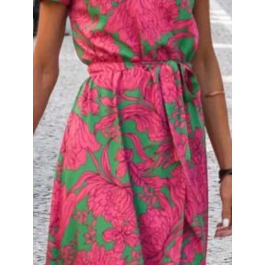 Full Size Slit Floral Print Short Sleeve Dress Plus Apparel and Accessories