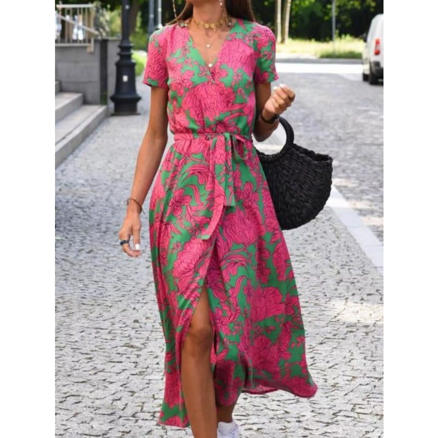Full Size Slit Floral Print Short Sleeve Dress Plus Apparel and Accessories