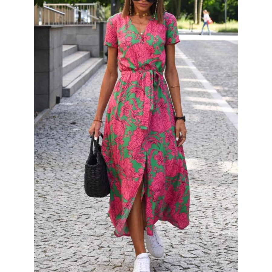 Full Size Slit Floral Print Short Sleeve Dress Plus Pink / S Apparel and Accessories