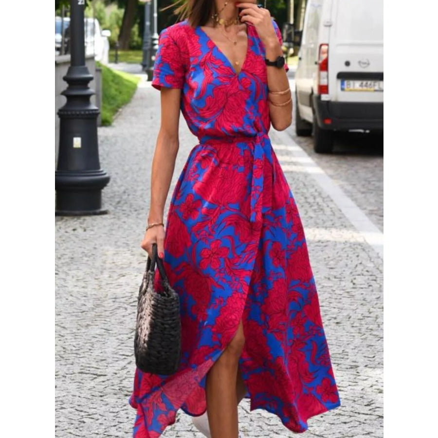 Full Size Slit Floral Print Short Sleeve Dress Plus Red / S Apparel and Accessories