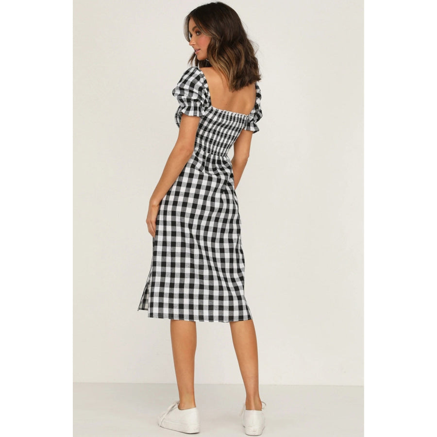 Full Size Slit Plaid Short Sleeve Midi Dress Black / S Apparel and Accessories