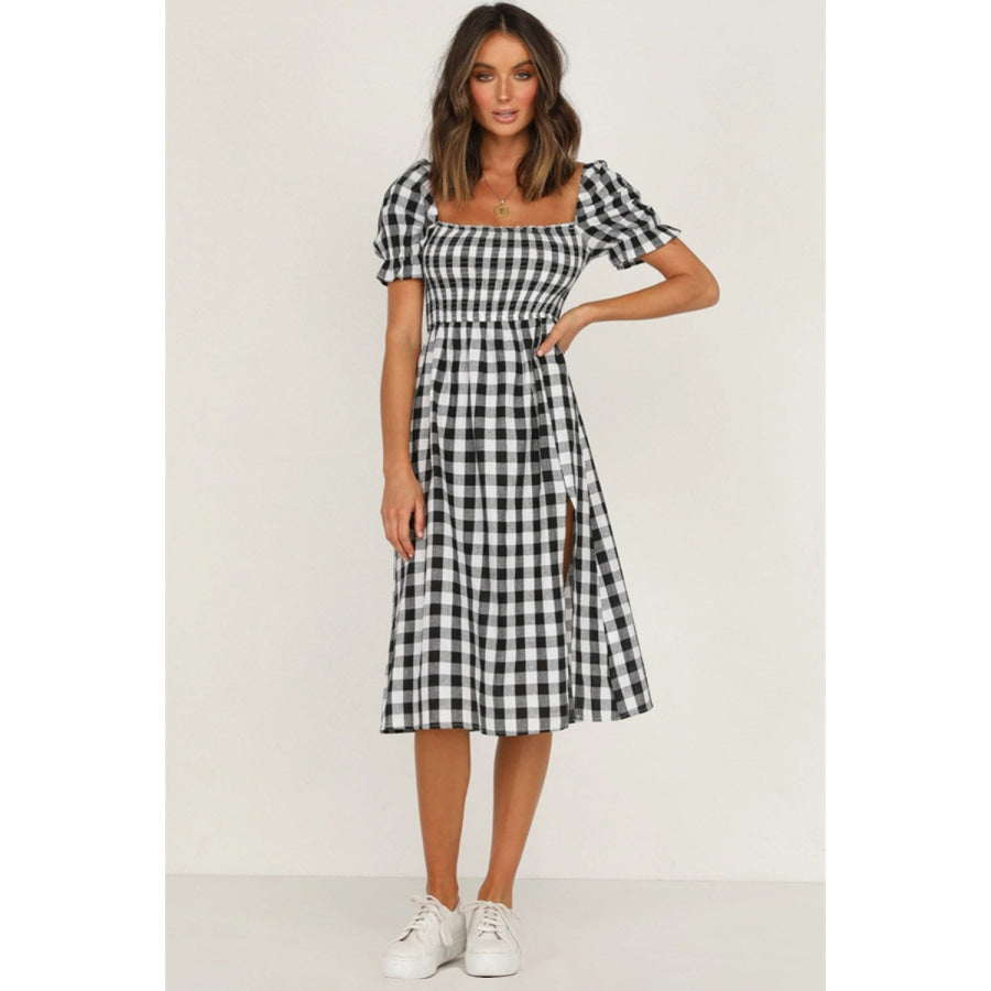 Full Size Slit Plaid Short Sleeve Midi Dress Black / S Apparel and Accessories