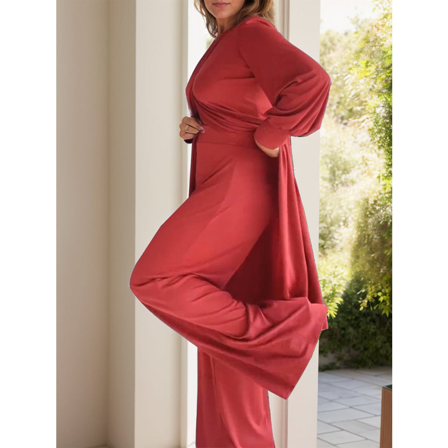 Full Size Slit Round Neck Long Sleeve Top and Pants Set Apparel and Accessories