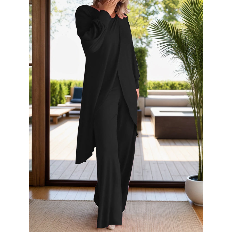 Full Size Slit Round Neck Long Sleeve Top and Pants Set Apparel and Accessories