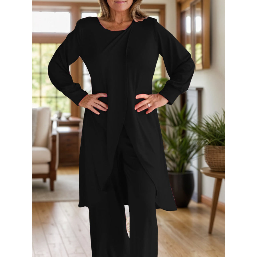 Full Size Slit Round Neck Long Sleeve Top and Pants Set Black / S Apparel and Accessories