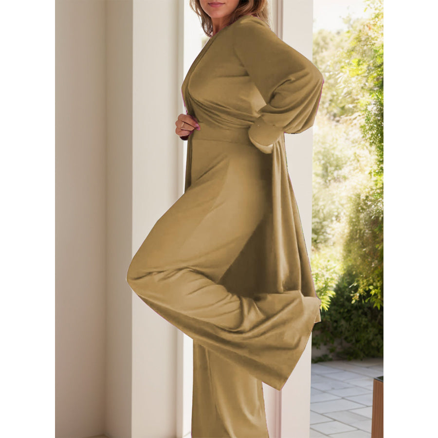 Full Size Slit Round Neck Long Sleeve Top and Pants Set Camel / S Apparel and Accessories