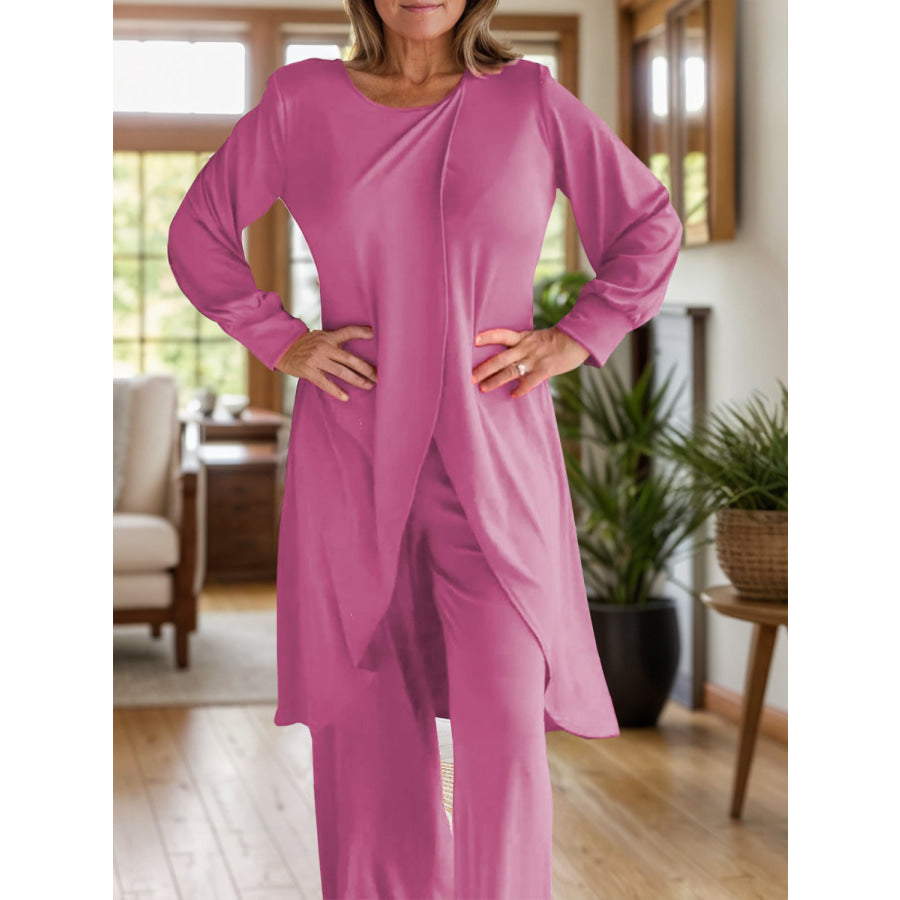 Full Size Slit Round Neck Long Sleeve Top and Pants Set Cerise / S Apparel and Accessories